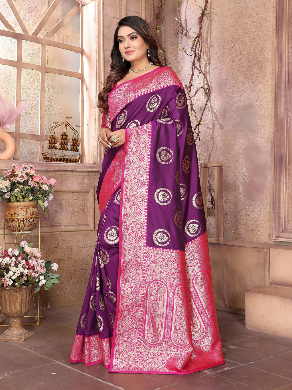 Joban Fashion Purple Banarasi Soft Silk Woven Saree - Distacart