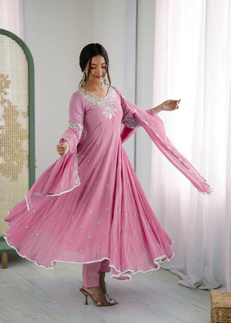 Teeya Creation Baby Pink Color Faux georgette Embroidery Work Wedding Wear Gown