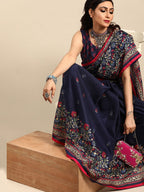 Saree Mall Navy Blue & Red Floral Jute Silk Block Print Sarees