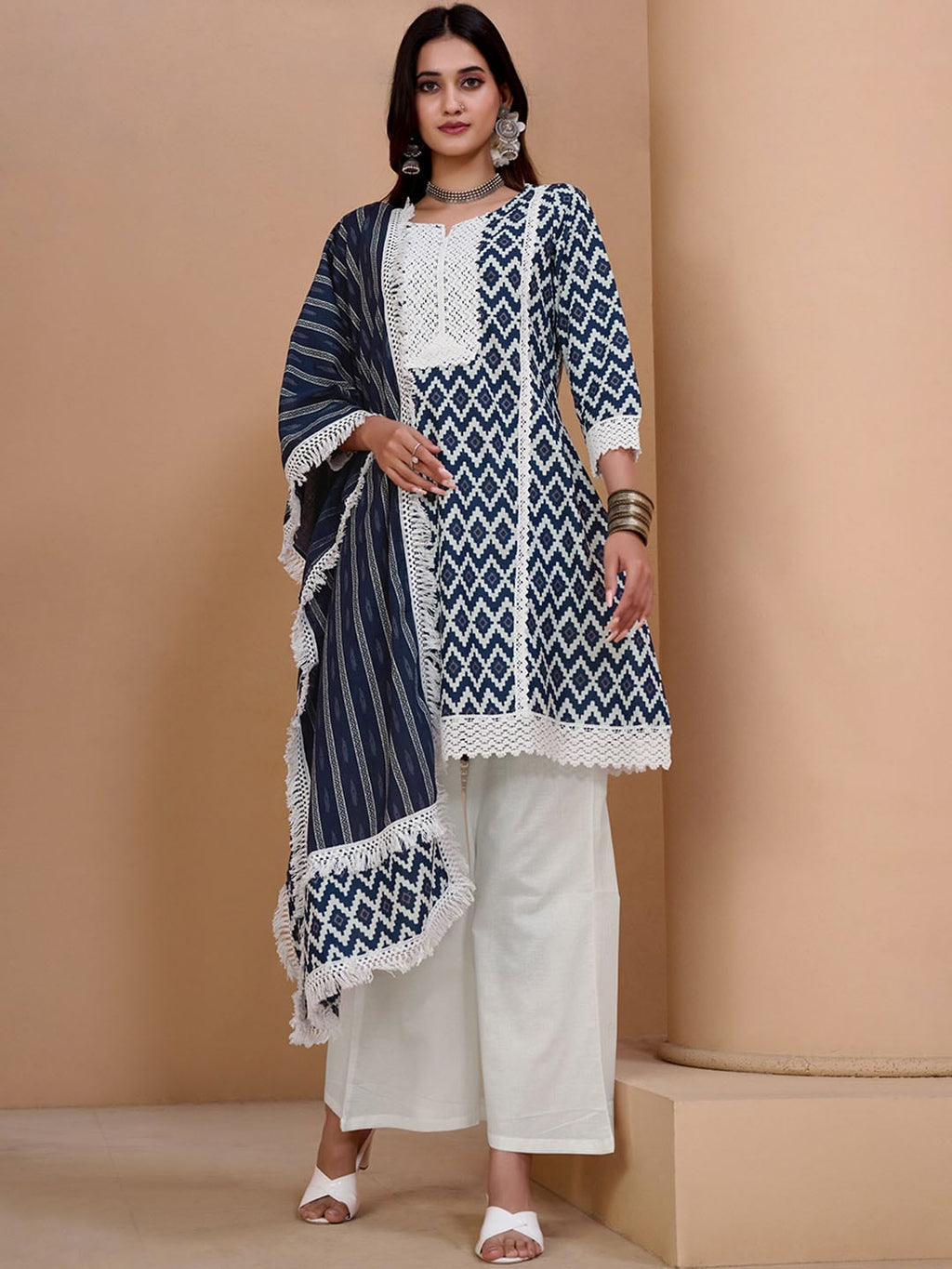 Sangria Navy Blue & White Geometric Printed Pure Cotton Kurta With Palazzos & Dupatta