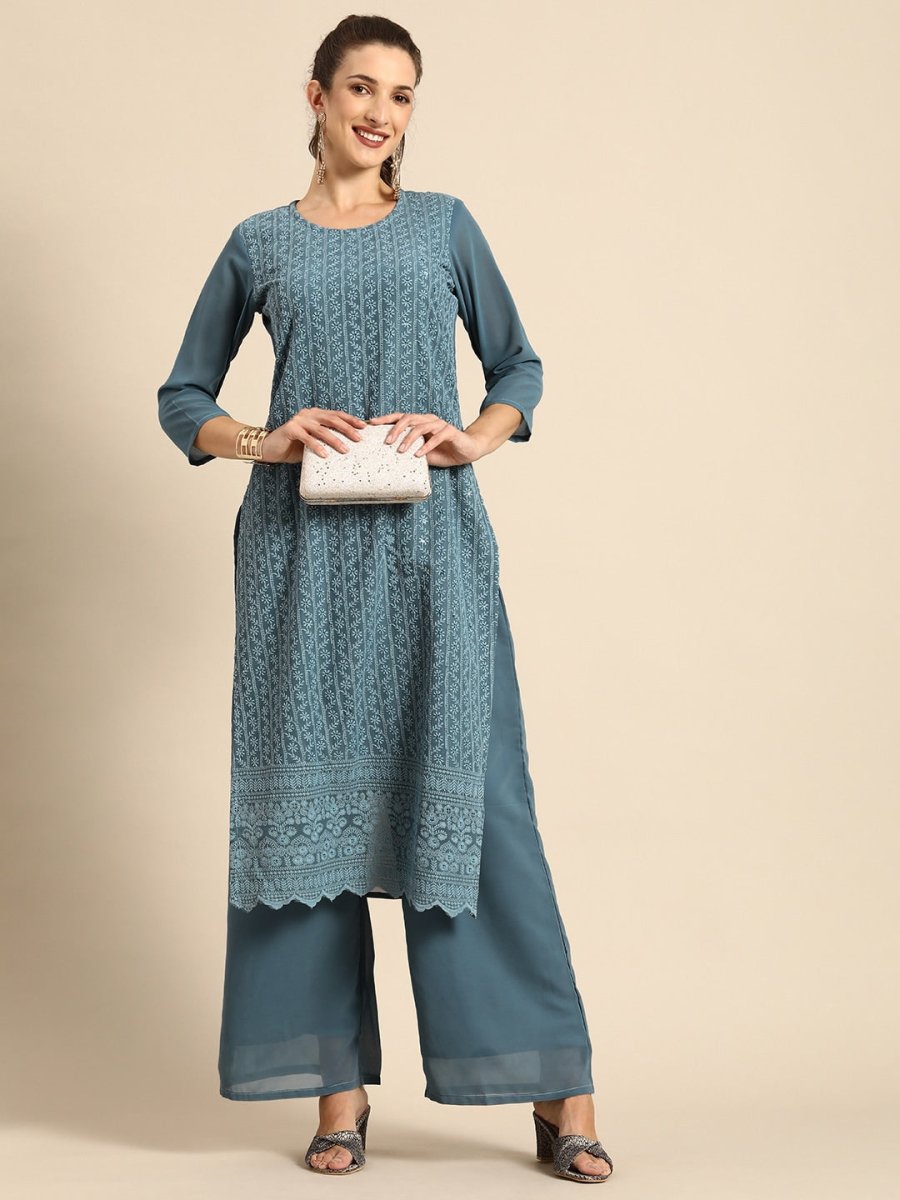 All About You Women Grey Ethnic Motifs Embroidered Regular Chikankari Kurta with Palazzos