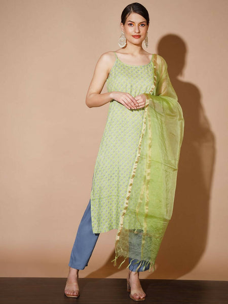 Myshka Women Green Printed Kurta & Trousers With Dupatta