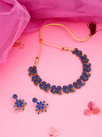 Tehzeeb Creations Luxurious Gold Polished Blue Colour Diamond Choker Necklace Set With Matching Earrings
