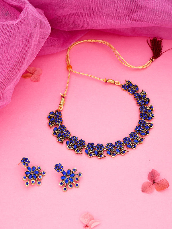 Tehzeeb Creations Luxurious Gold Polished Blue Colour Diamond Choker Necklace Set With Matching Earrings
