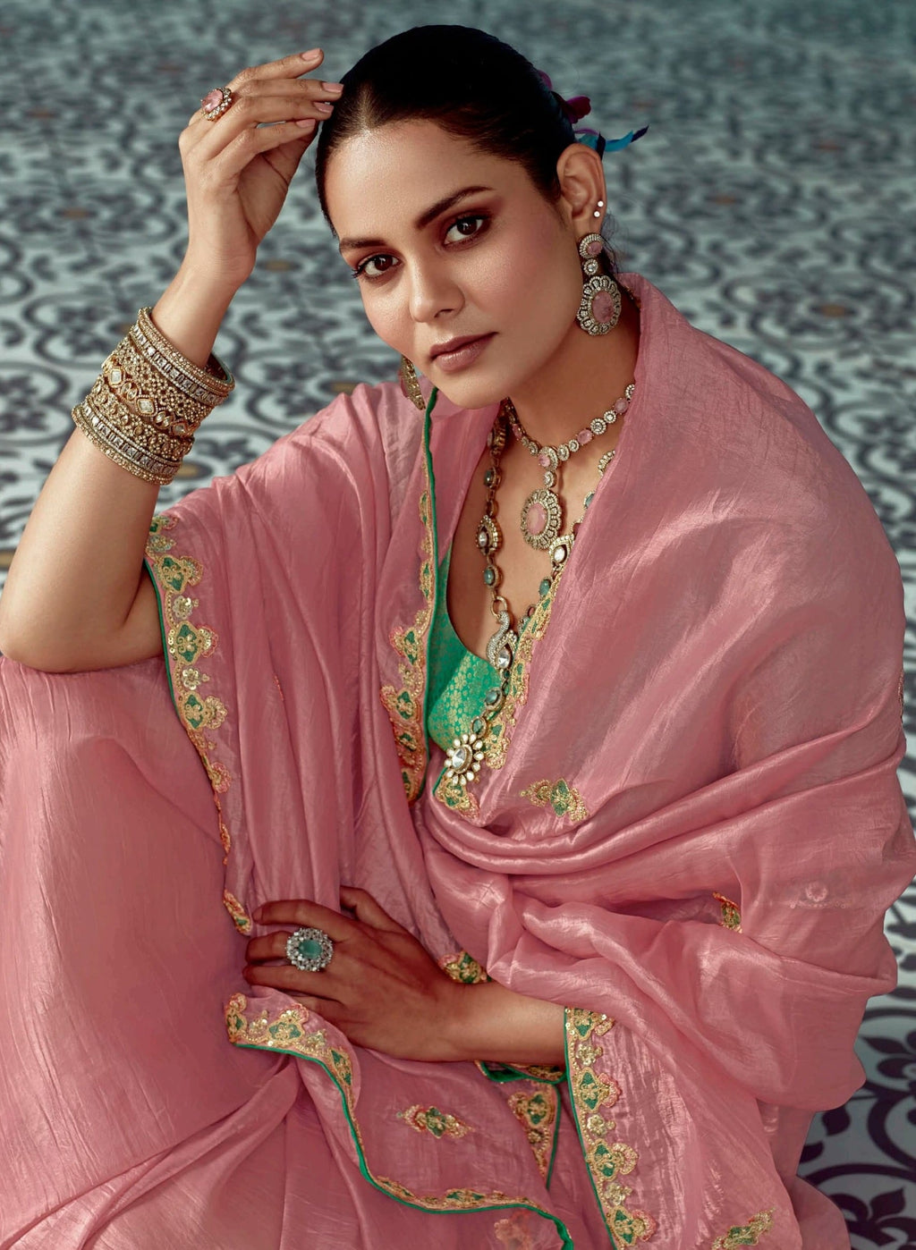 Anaita Pink Embroidery Work Saree With Jacquard Work Blouse Piece - Distacart