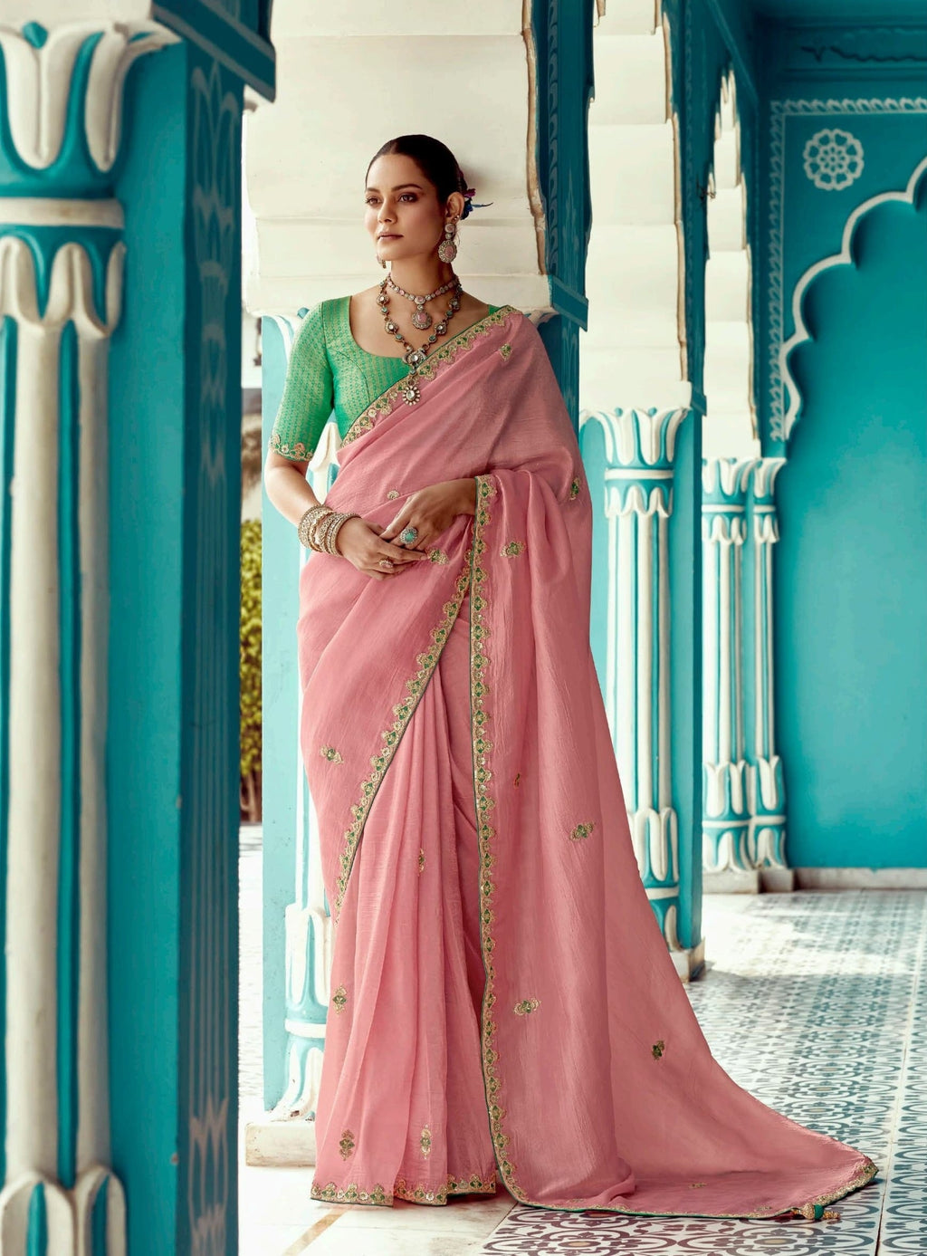 Anaita Pink Embroidery Work Saree With Jacquard Work Blouse Piece - Distacart