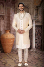 Raivat Ethnic Art Silk Embroidery Work 3 Pcs Indo Jacket Set In Cream Colour