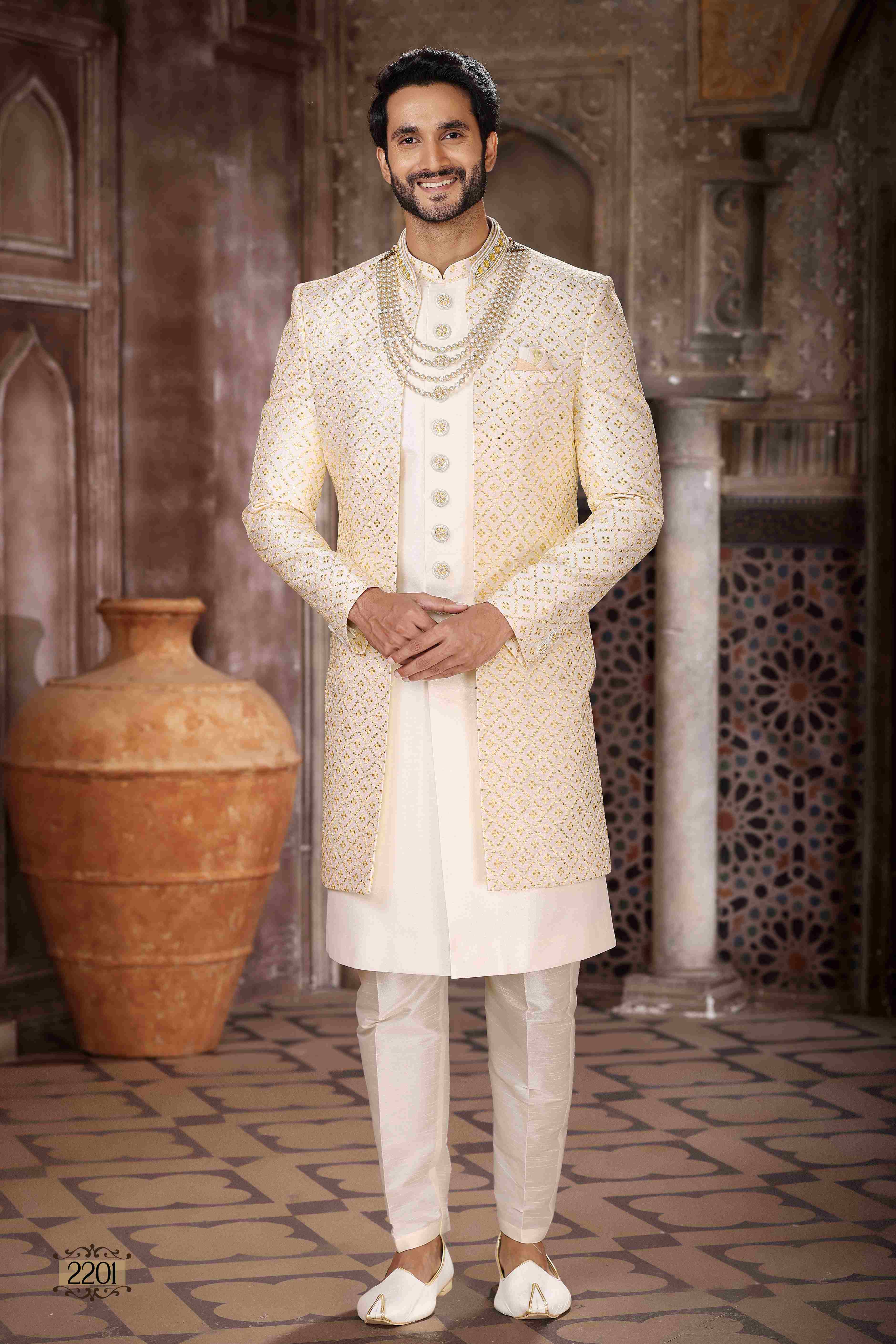 Raivat Ethnic Art Silk Embroidery Work 3 Pcs Indo Jacket Set In Cream Colour