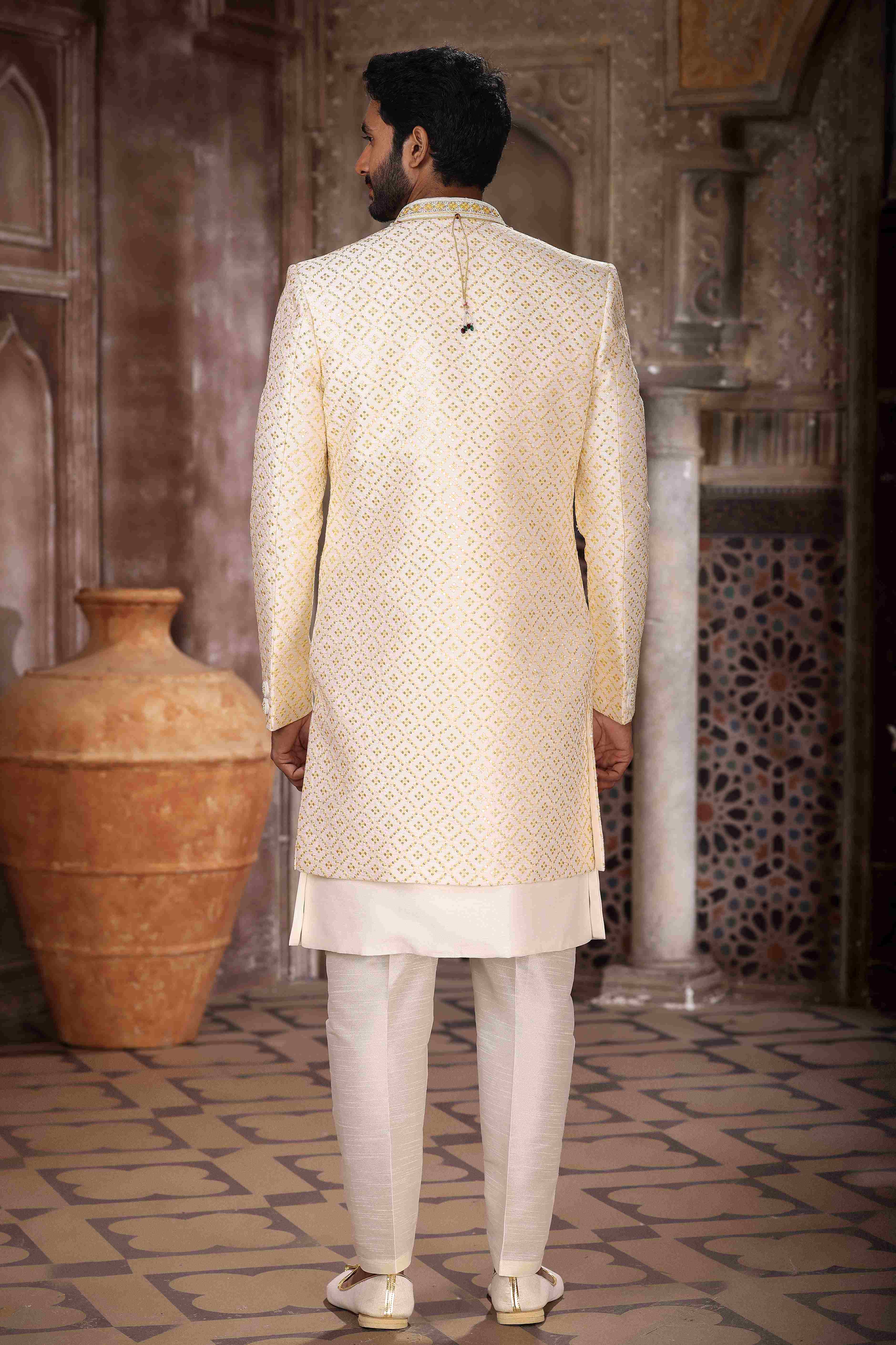 Raivat Ethnic Art Silk Embroidery Work 3 Pcs Indo Jacket Set In Cream Colour
