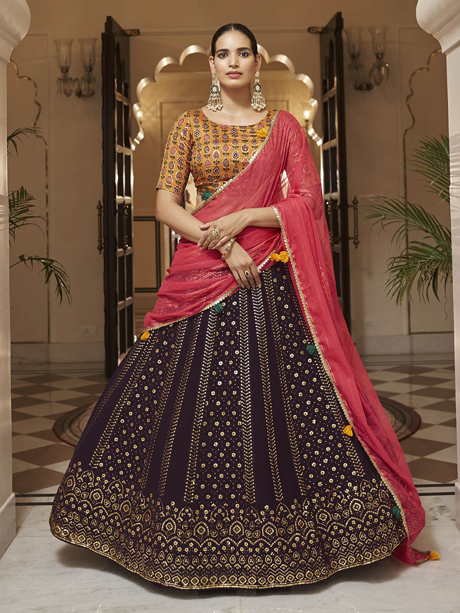 Myra Purple and Mustard Yellow Georgette Designer Lehenga Choli