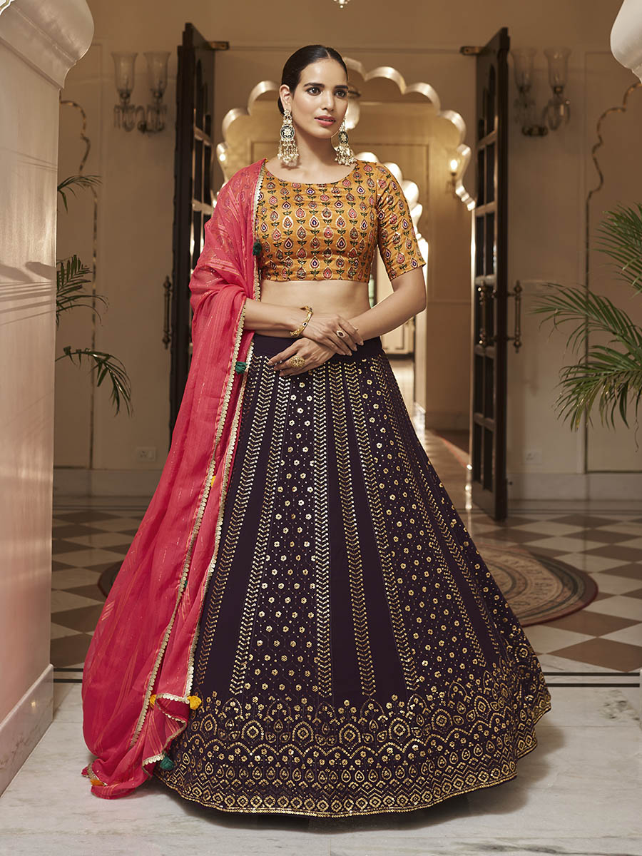 Myra Purple and Mustard Yellow Georgette Designer Lehenga Choli
