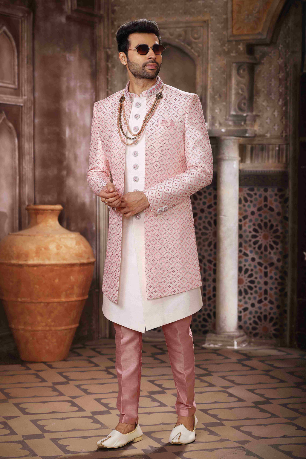 Raivat Ethnic Art Silk Embroidery Work 3 Pcs Indo Jacket Set In Cream Colour