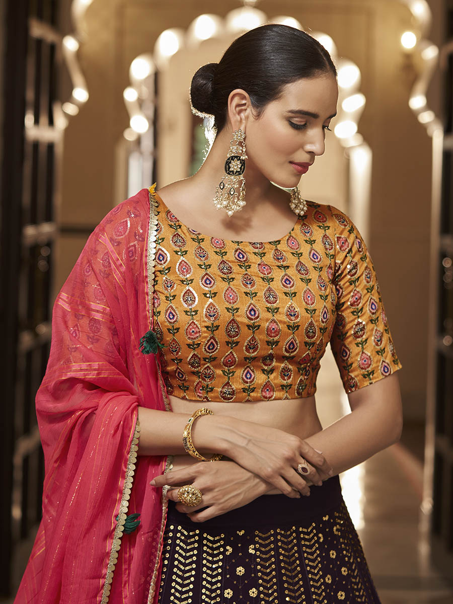 Myra Purple and Mustard Yellow Georgette Designer Lehenga Choli