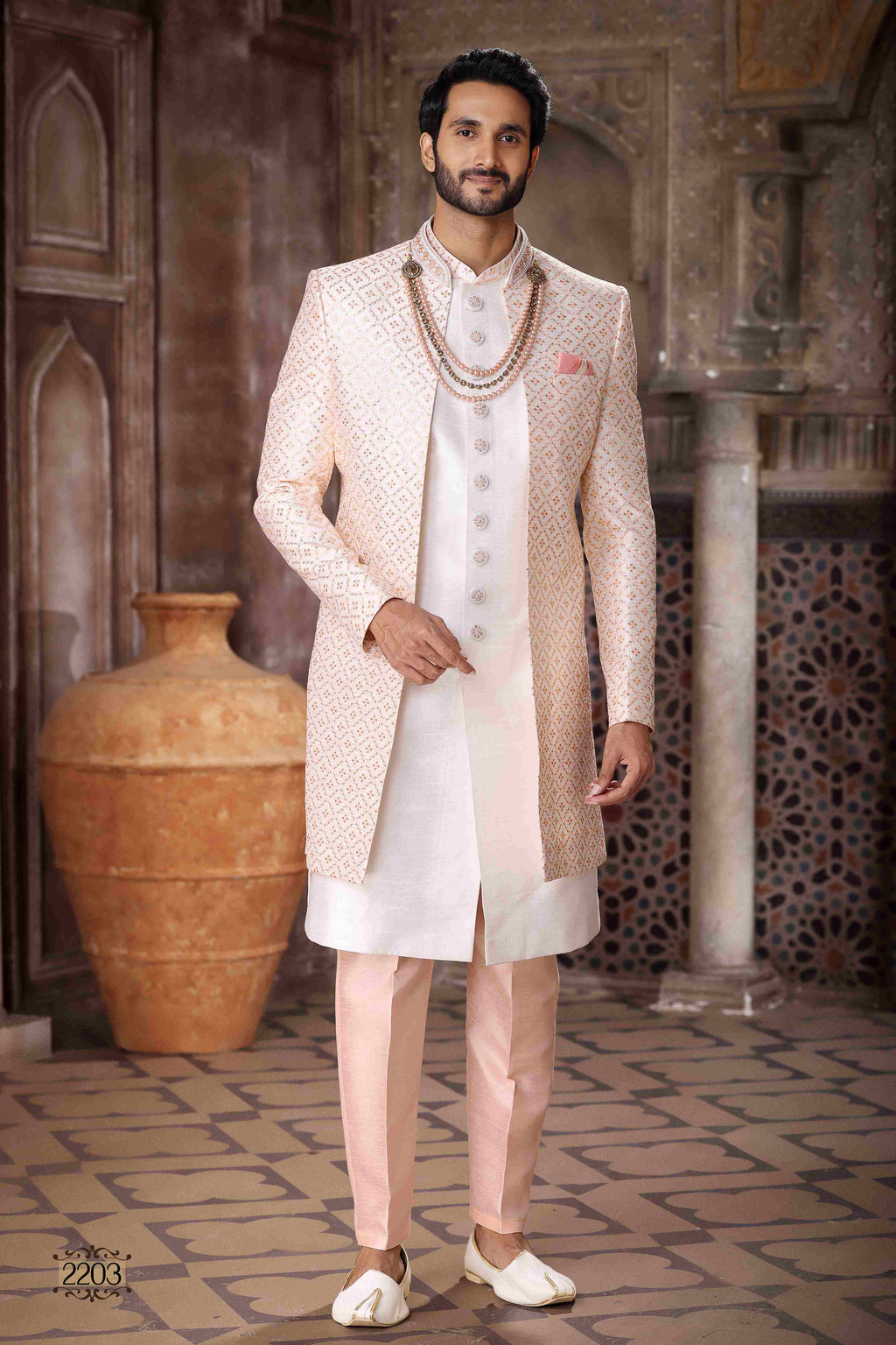 Raivat Ethnic Art Silk Embroidery Work 3 Pcs Indo Jacket Set In Cream Colour