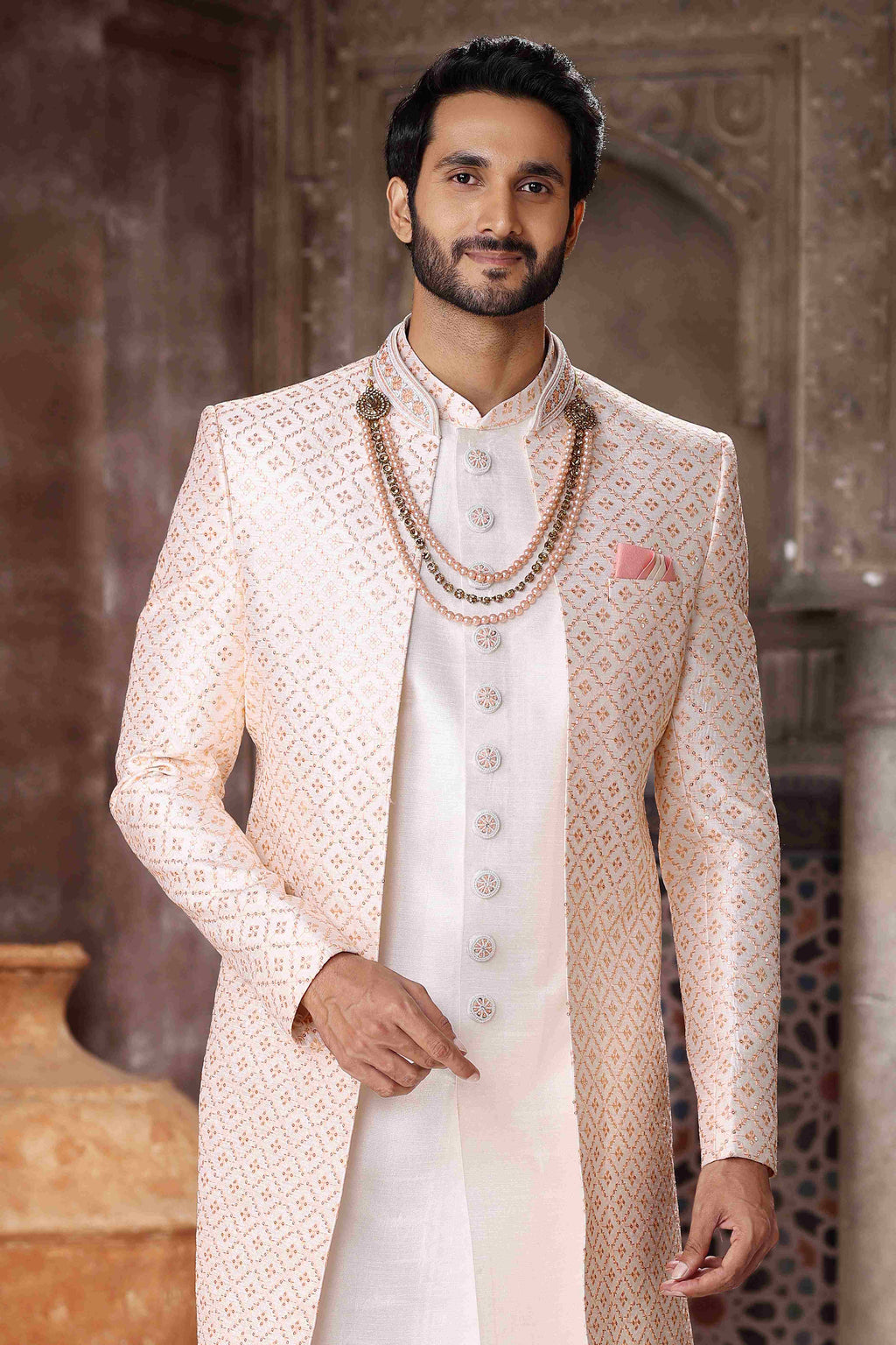 Raivat Ethnic Art Silk Embroidery Work 3 Pcs Indo Jacket Set In Cream Colour