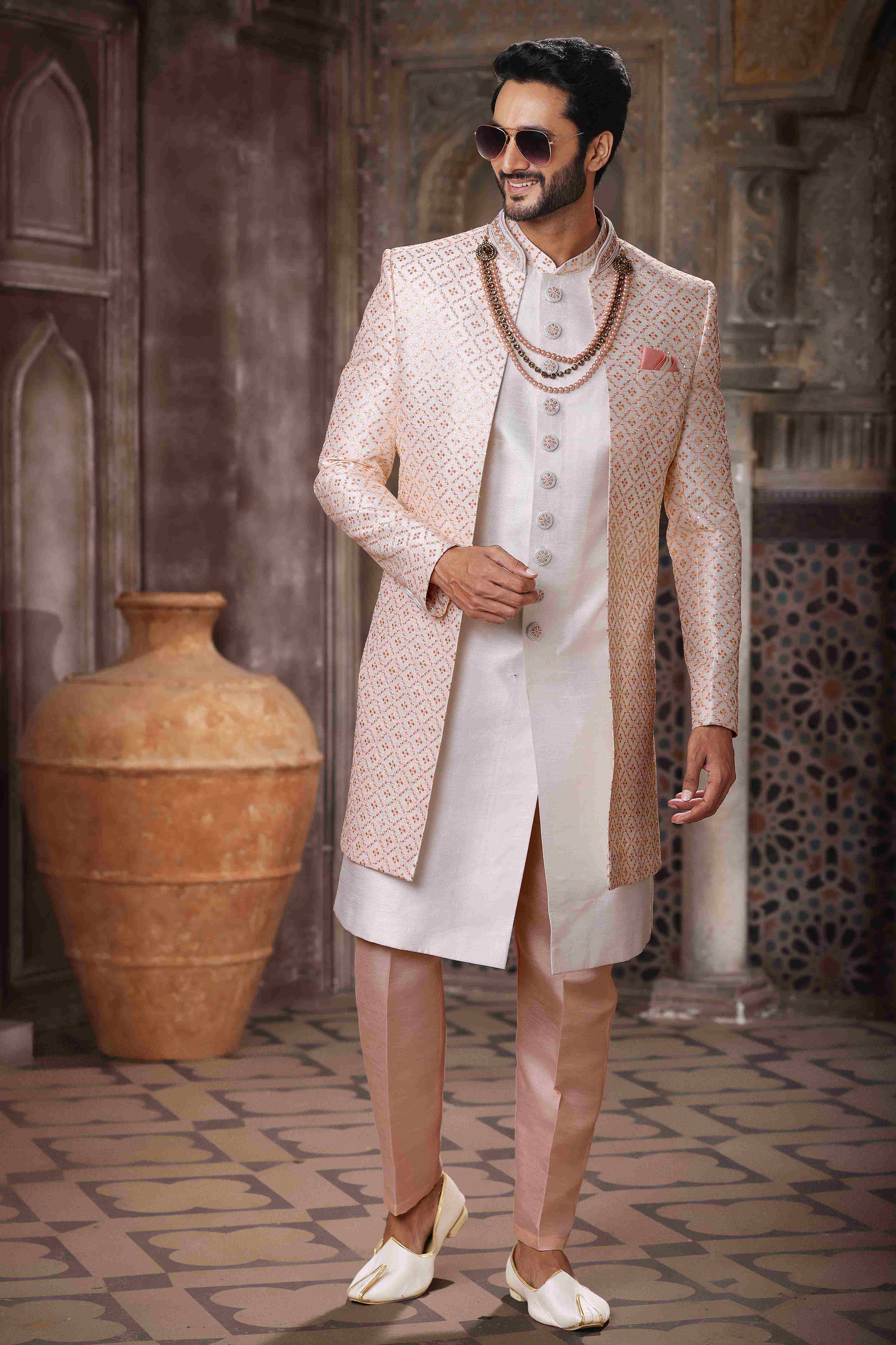 Raivat Ethnic Art Silk Embroidery Work 3 Pcs Indo Jacket Set In Cream Colour