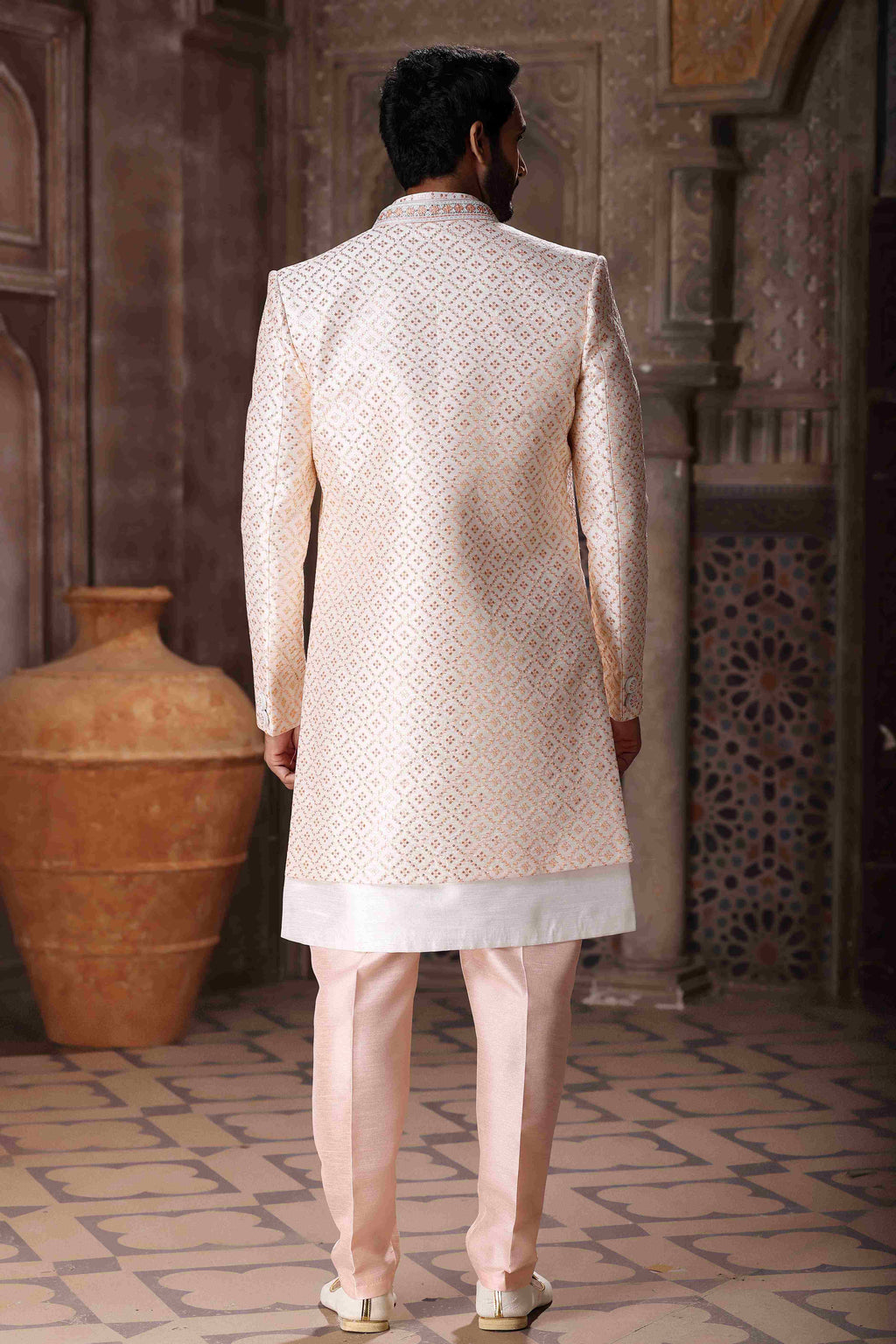 Raivat Ethnic Art Silk Embroidery Work 3 Pcs Indo Jacket Set In Cream Colour