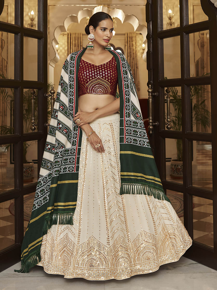 Myra Pearl White , Maroon and Green Georgette Designer Lehenga Choli