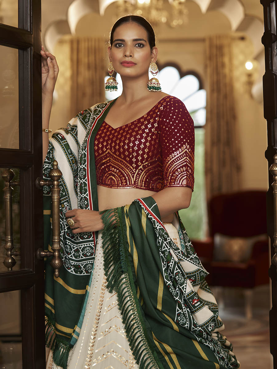 Myra Pearl White , Maroon and Green Georgette Designer Lehenga Choli