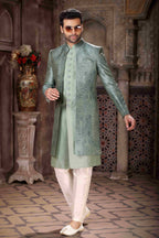 Raivat Ethnic Art Silk Embroidery Work 3 Pcs Indo Jacket Set In Green Colour