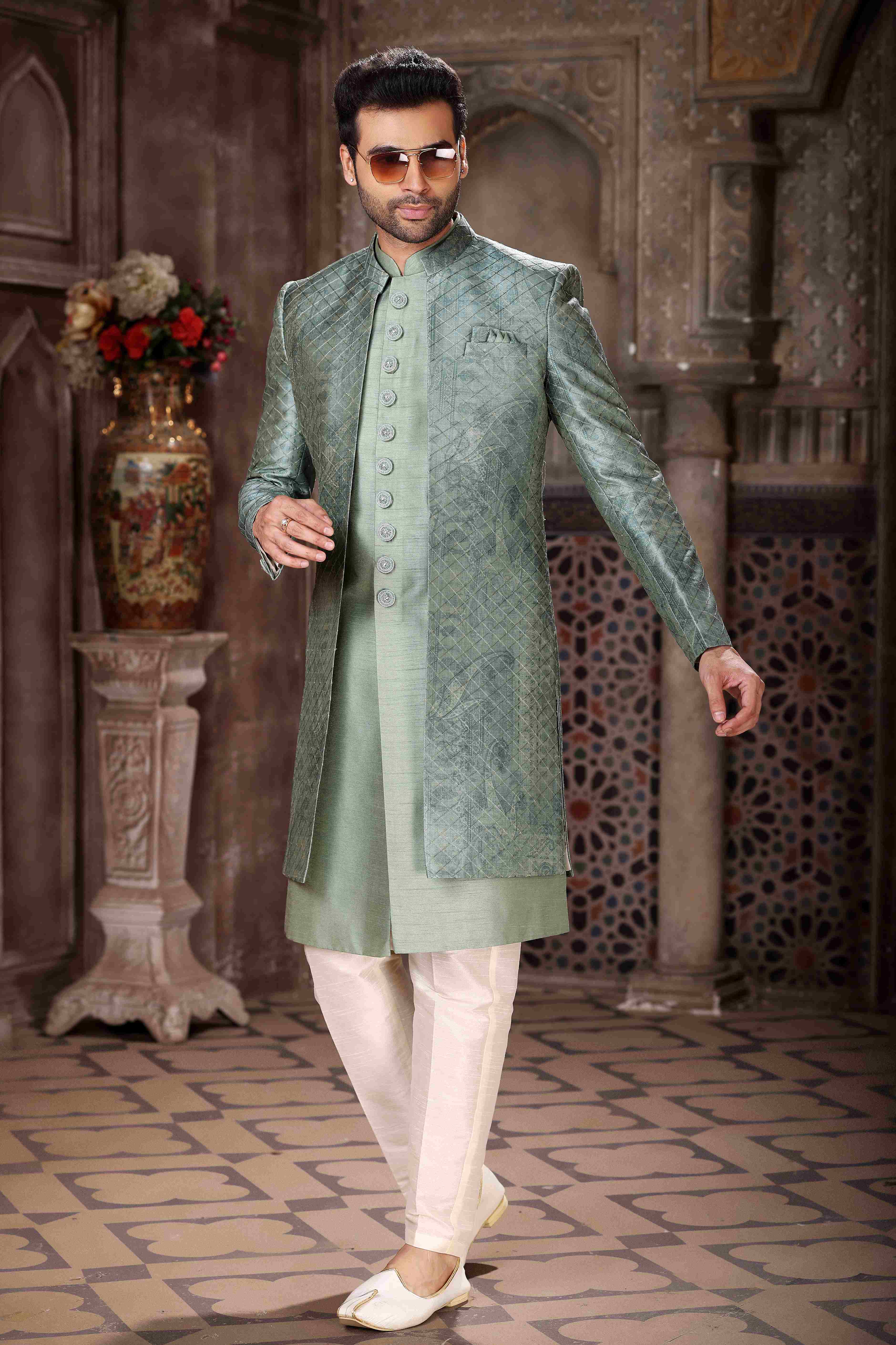 Raivat Ethnic Art Silk Embroidery Work 3 Pcs Indo Jacket Set In Green Colour