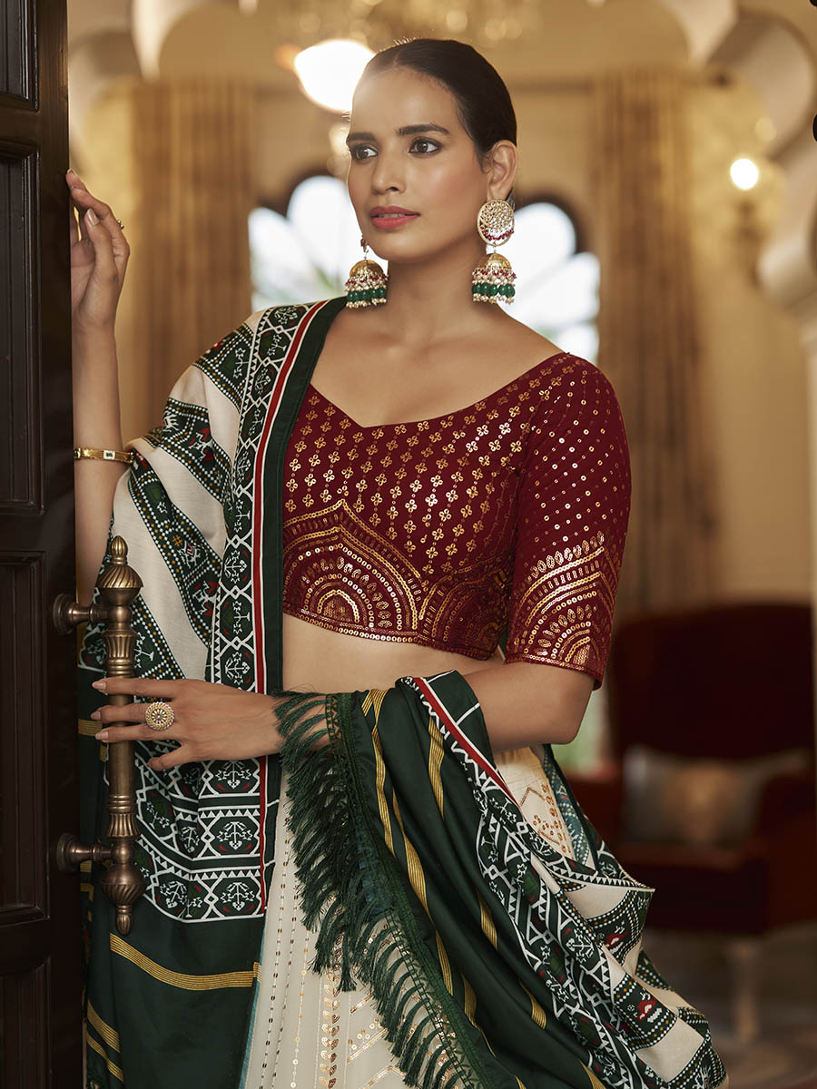 Myra Pearl White , Maroon and Green Georgette Designer Lehenga Choli