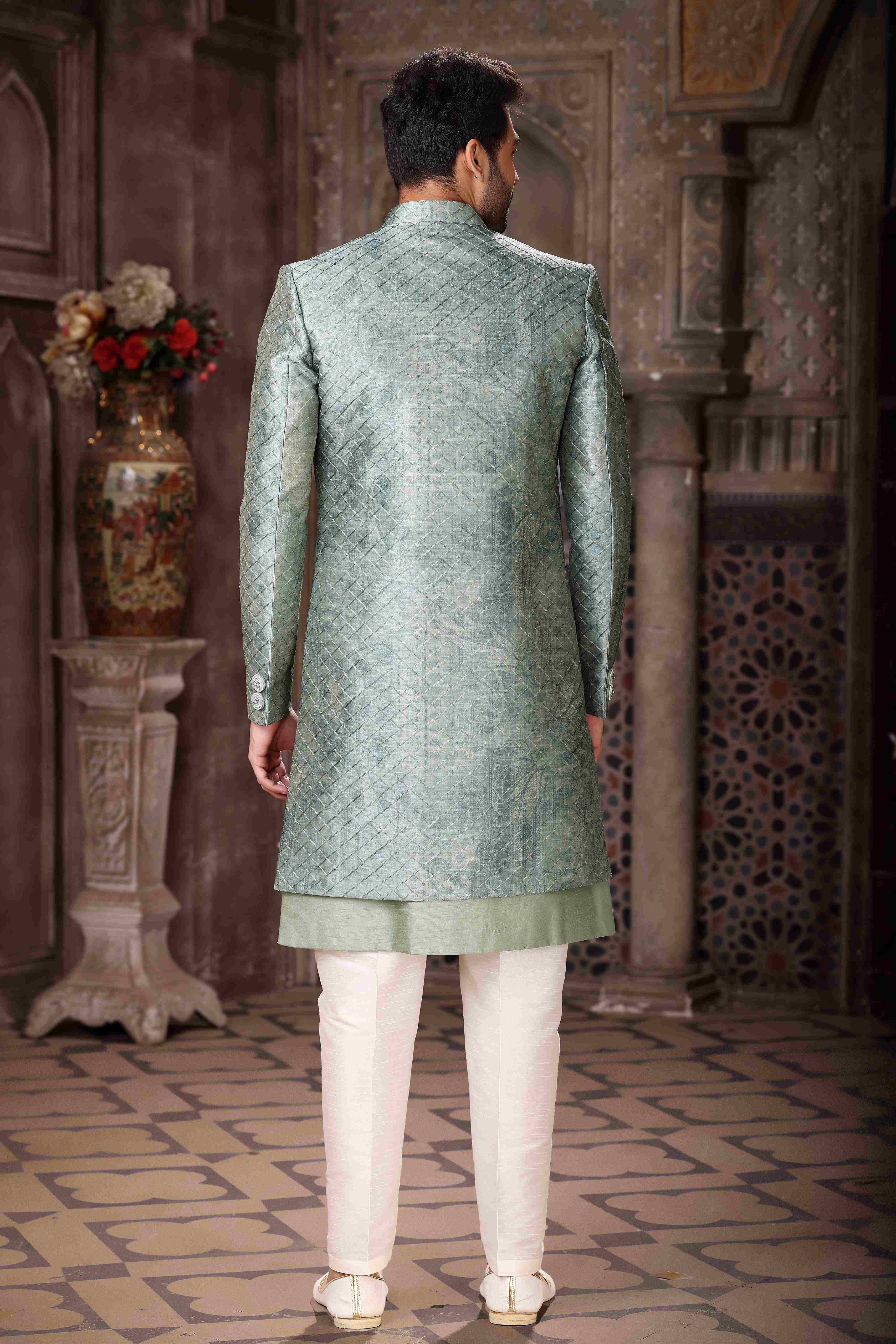 Raivat Ethnic Art Silk Embroidery Work 3 Pcs Indo Jacket Set In Green Colour