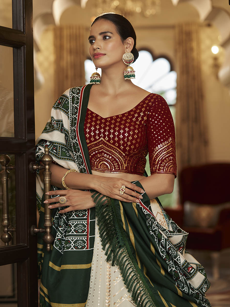 Myra Pearl White , Maroon and Green Georgette Designer Lehenga Choli