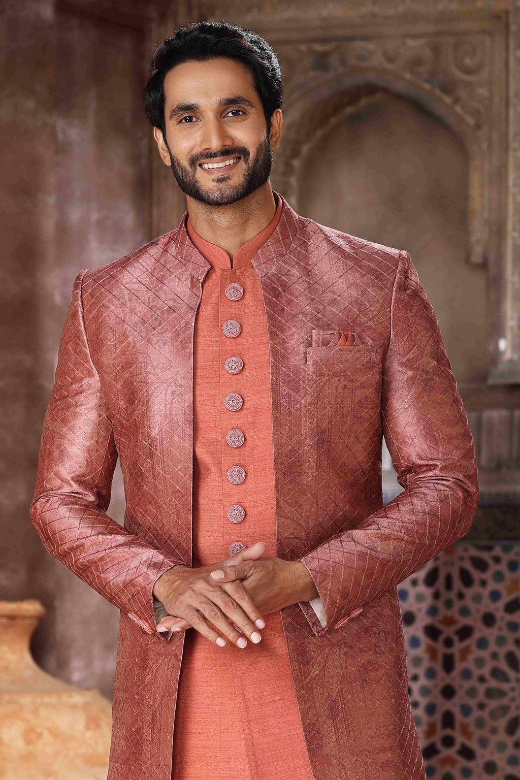 Raivat Ethnic Art Silk Embroidery Work 3 Pcs Indo Jacket Set In Brown Orange Colour