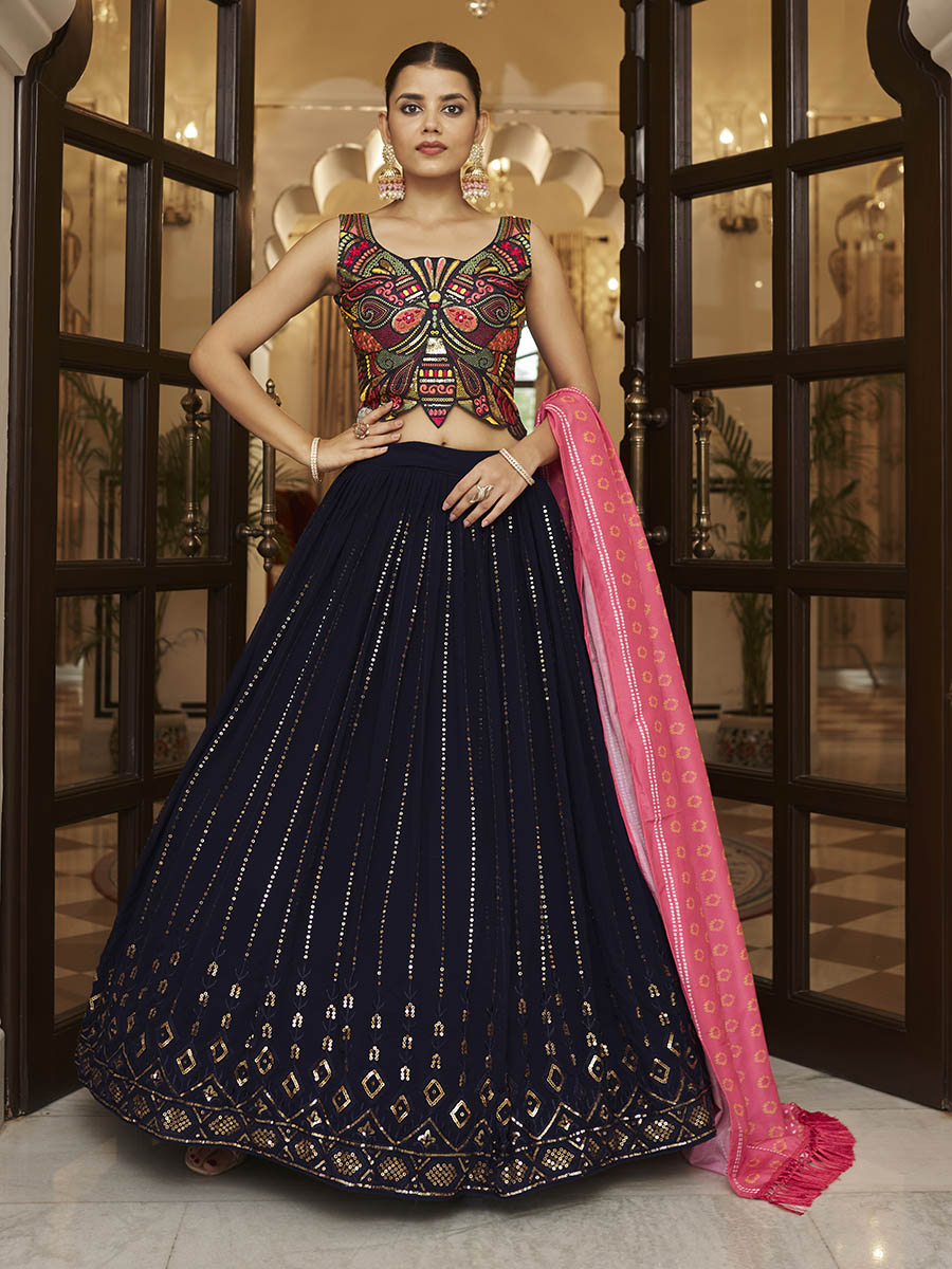 Myra Pink and Navy Blue Georgette Designer Lehenga Choli