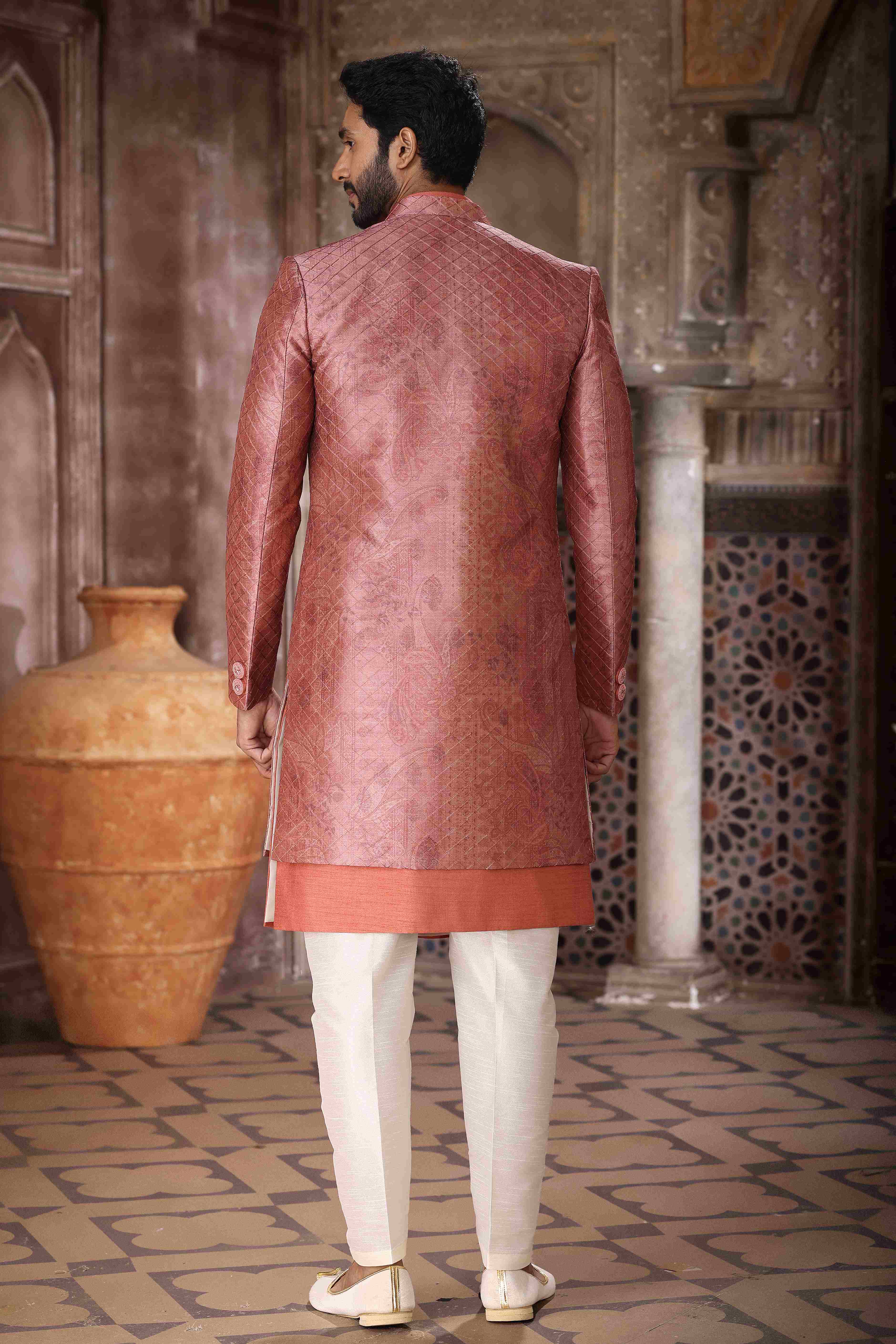 Raivat Ethnic Art Silk Embroidery Work 3 Pcs Indo Jacket Set In Brown Orange Colour
