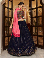 Myra Pink and Navy Blue Georgette Designer Lehenga Choli
