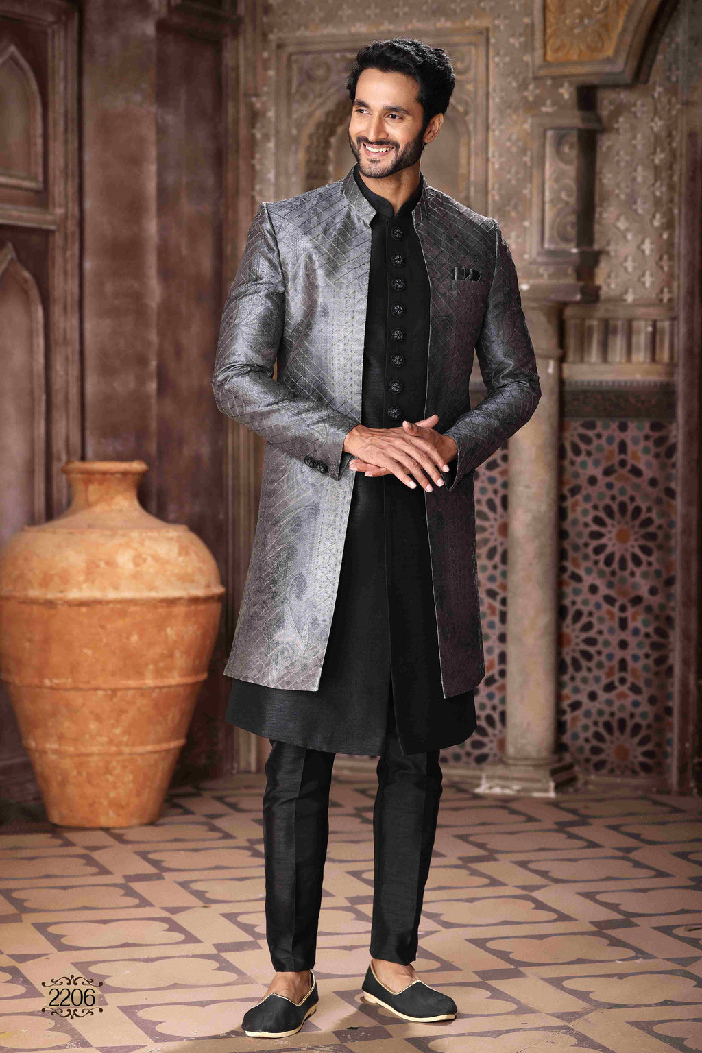 Raivat Ethnic Art Silk Embroidery Work 3 Pcs Indo Jacket Set In Grey Black Colour