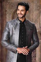 Raivat Ethnic Art Silk Embroidery Work 3 Pcs Indo Jacket Set In Grey Black Colour