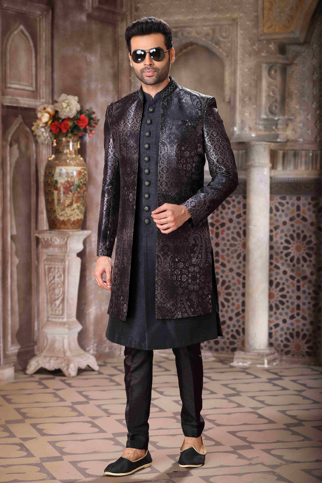 Raivat Ethnic Art Silk Embroidery Work 3 Pcs Indo Jacket Set In Black Colour