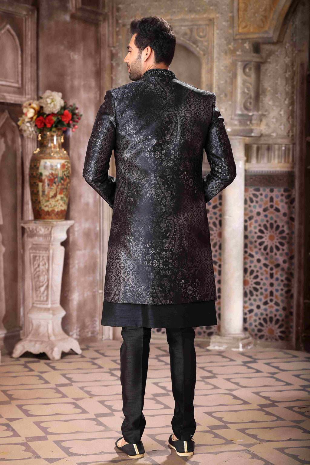 Raivat Ethnic Art Silk Embroidery Work 3 Pcs Indo Jacket Set In Black Colour
