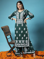 HOUSE OF KARI Women Green Floral Embroidered Chikankari Kurta with Palazzos
