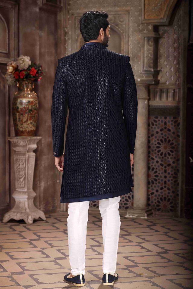 Raivat Ethnic Velvet and Art Silk Embroidery Work 3 Pcs Indo Jacket Set In Blue Colour