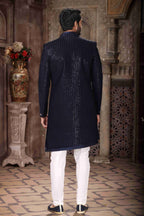 Raivat Ethnic Velvet and Art Silk Embroidery Work 3 Pcs Indo Jacket Set In Blue Colour