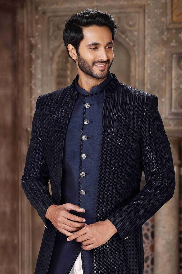 Raivat Ethnic Velvet and Art Silk Embroidery Work 3 Pcs Indo Jacket Set In Blue Colour
