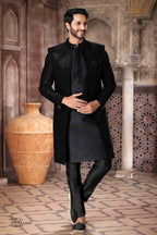 Raivat Ethnic Velvet and Art Silk Embroidery Work 3 Pcs Indo Jacket Set In Black Colour