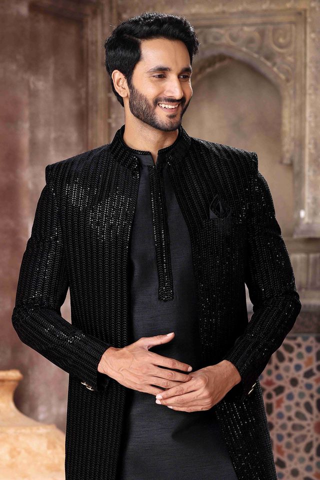 Raivat Ethnic Velvet and Art Silk Embroidery Work 3 Pcs Indo Jacket Set In Black Colour