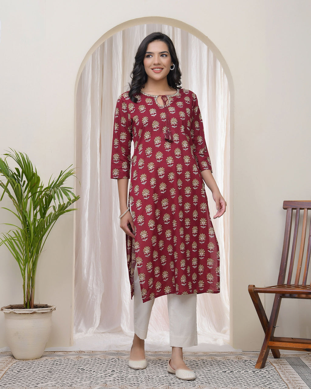 Vaasva Women Maroon Cotton Printed Straight Kurti - Distacart