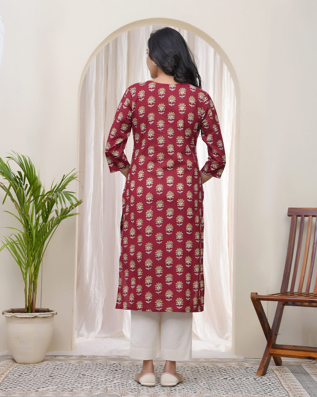 Vaasva Women Maroon Cotton Printed Straight Kurti - Distacart
