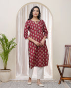 Vaasva Women Maroon Cotton Printed Straight Kurti - Distacart