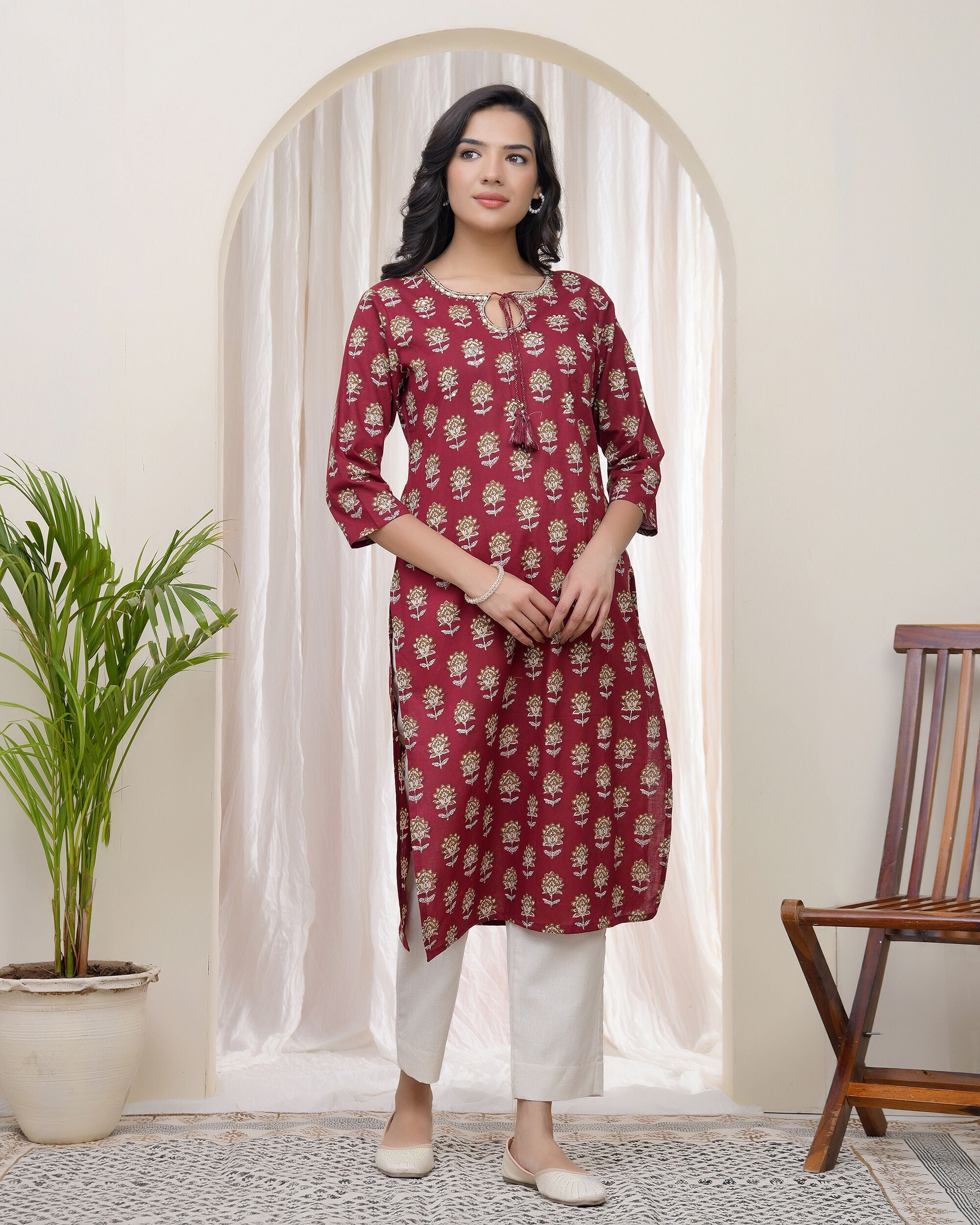 Vaasva Women Maroon Cotton Printed Straight Kurti - Distacart
