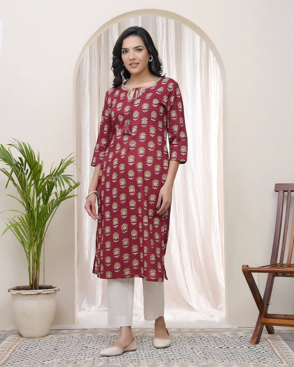 Vaasva Women Maroon Cotton Printed Straight Kurti - Distacart