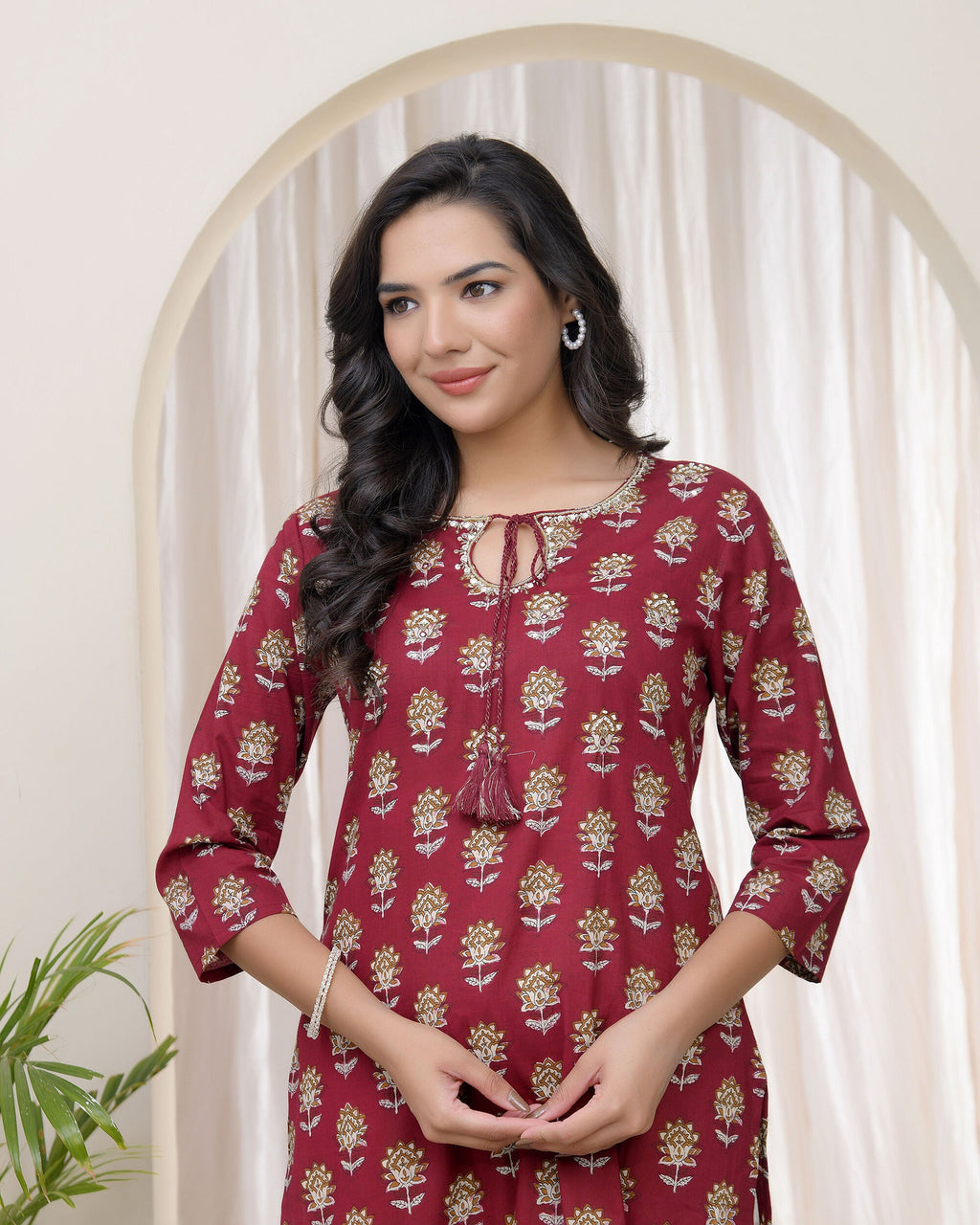 Vaasva Women Maroon Cotton Printed Straight Kurti - Distacart