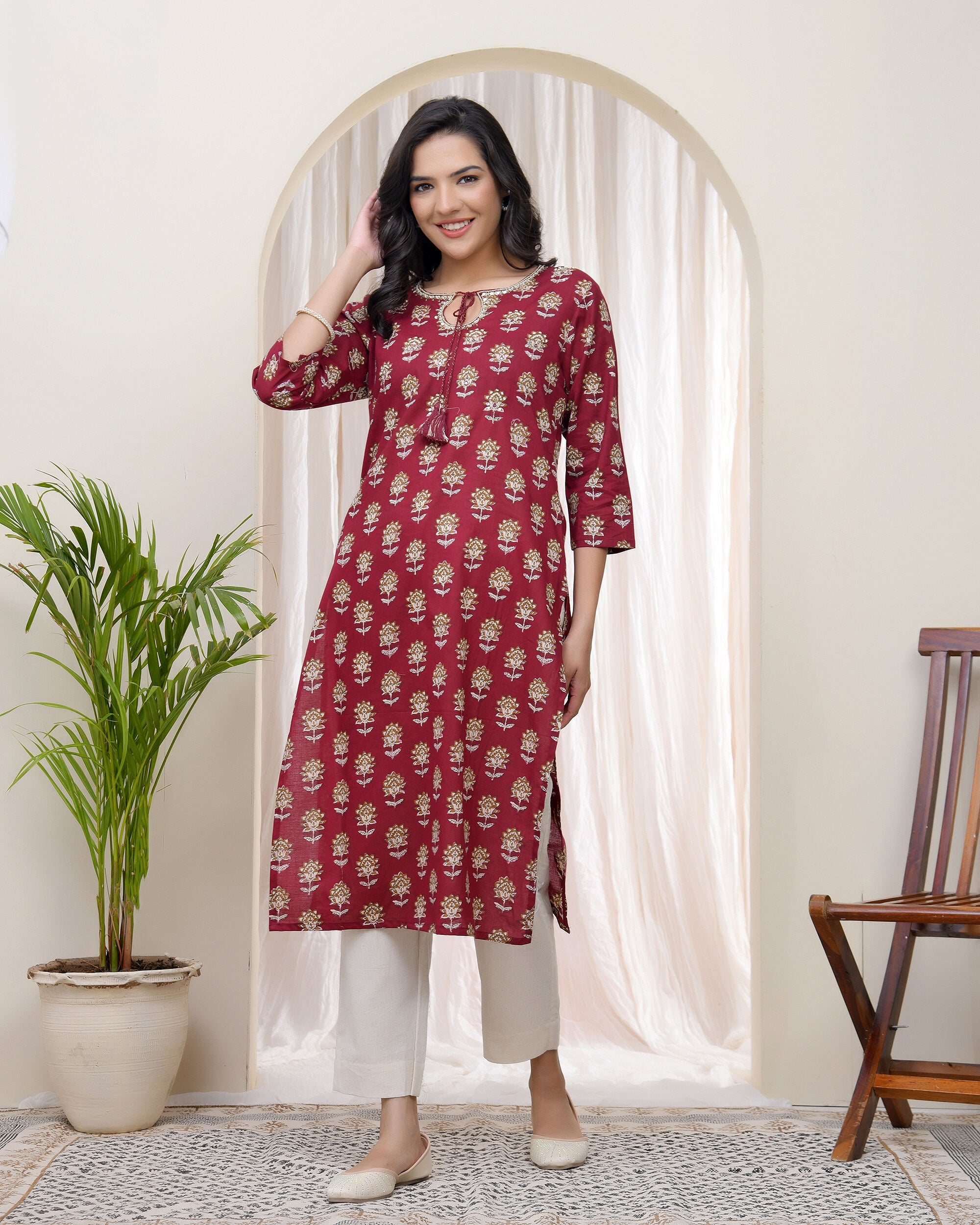 Vaasva Women Maroon Cotton Printed Straight Kurti - Distacart