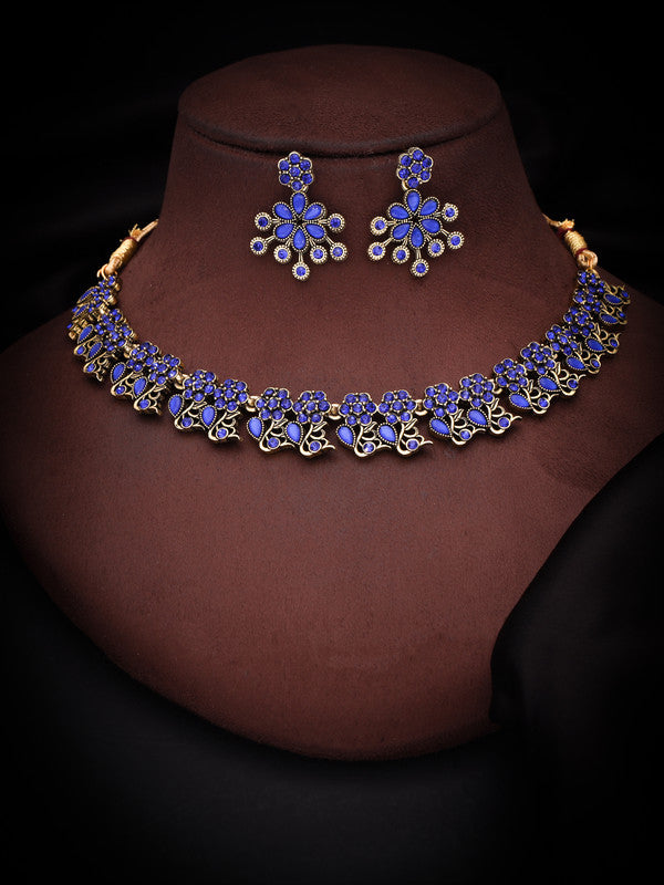 Tehzeeb Creations Luxurious Gold Polished Blue Colour Diamond Choker Necklace Set With Matching Earrings